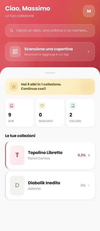 Schermata Home dell'app Rarum con statistiche della collezione e le proprie collane