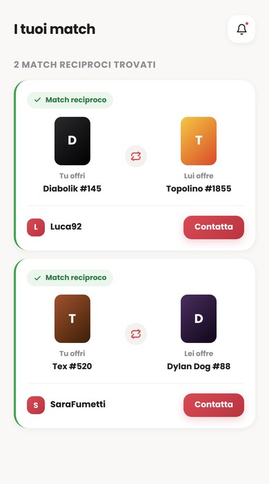 Schermata dei match di scambio in Rarum con due collezionisti che si scambiano doppioni reciprocamente